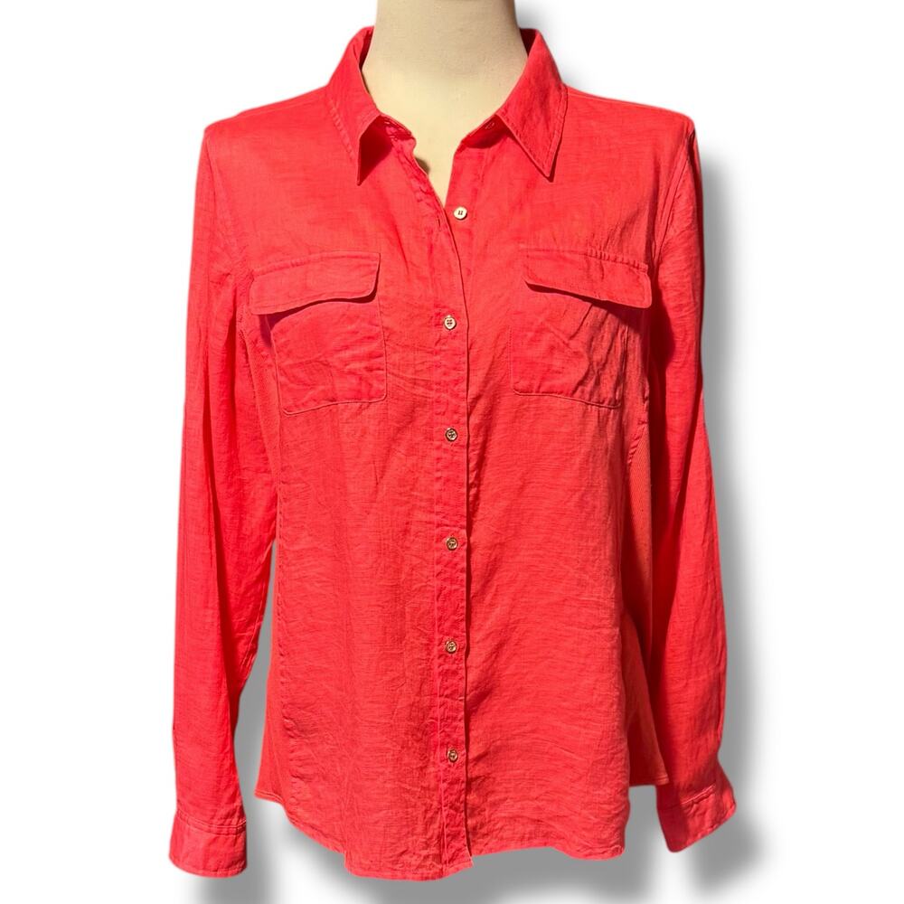 Calvin Klein Roll-Tab Long Sleeve Button Up Linen Pink Large